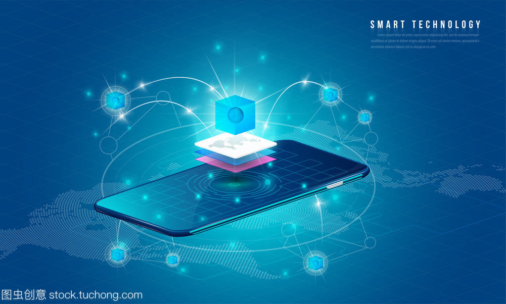 大型数据处理的概念, 未来的能源站, 数据中心, Cryptocurrency 和 blockchain 的等轴组合智能对象和智能技术设计。为工作 blockchain 启动